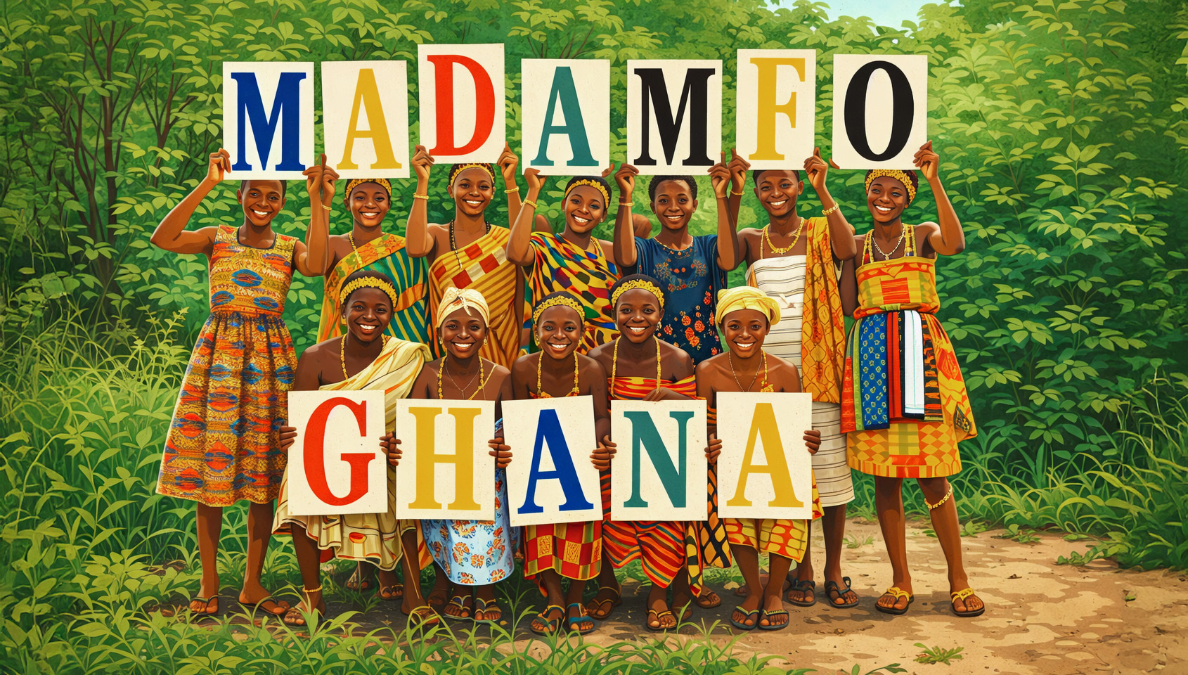 Illustration von Menschen halten Schilder des Projektes Madamfo Ghana hoch